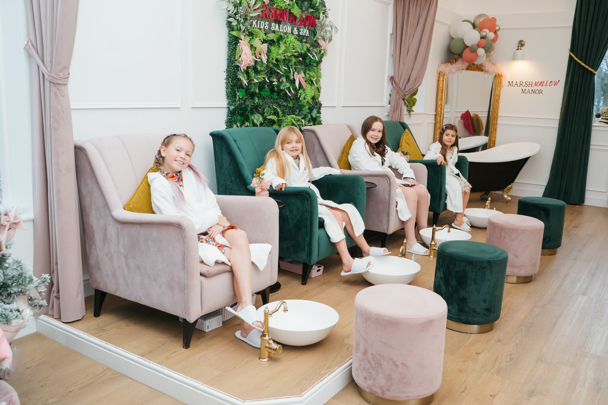 Friends enjoying a spa party at Marshmallow Manor